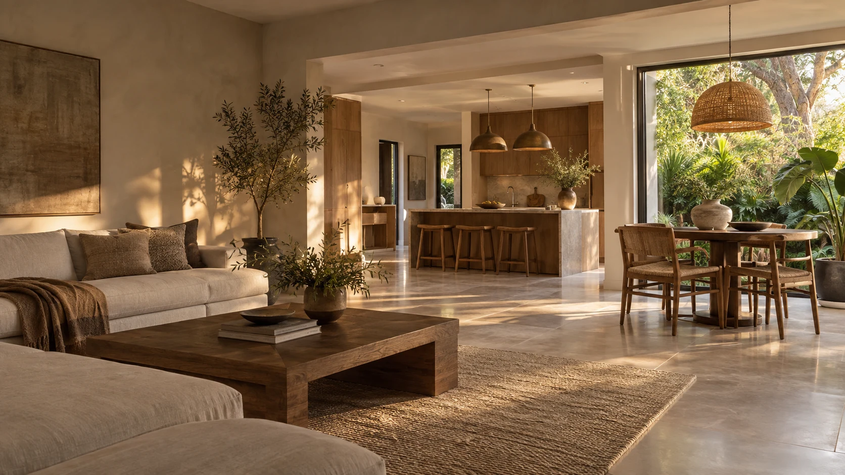 Interior cálido con sala, comedor y cocina de roble abiertos hacia un jardín.