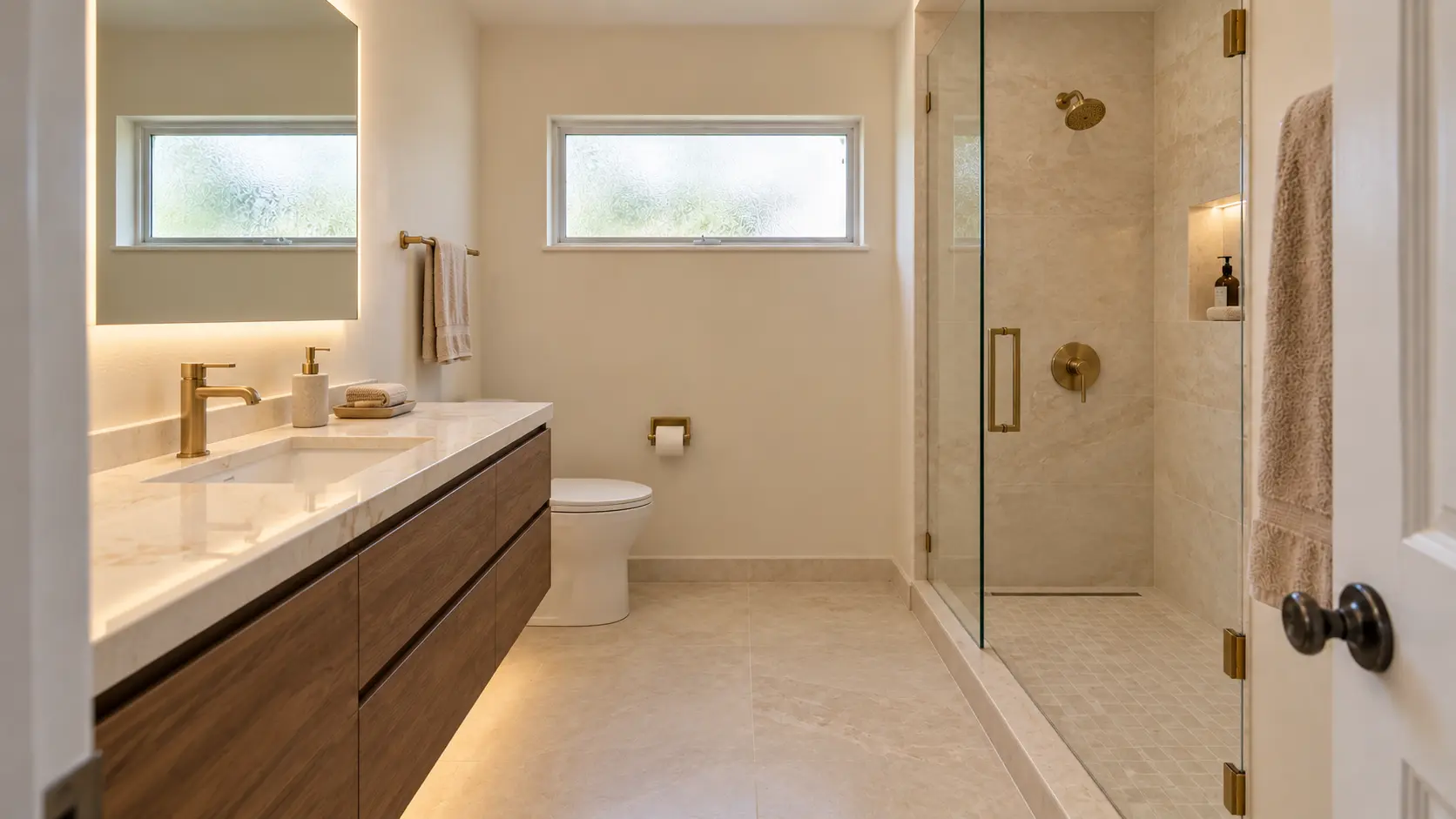 El mismo baño terminado con ducha de cristal y mueble flotante.