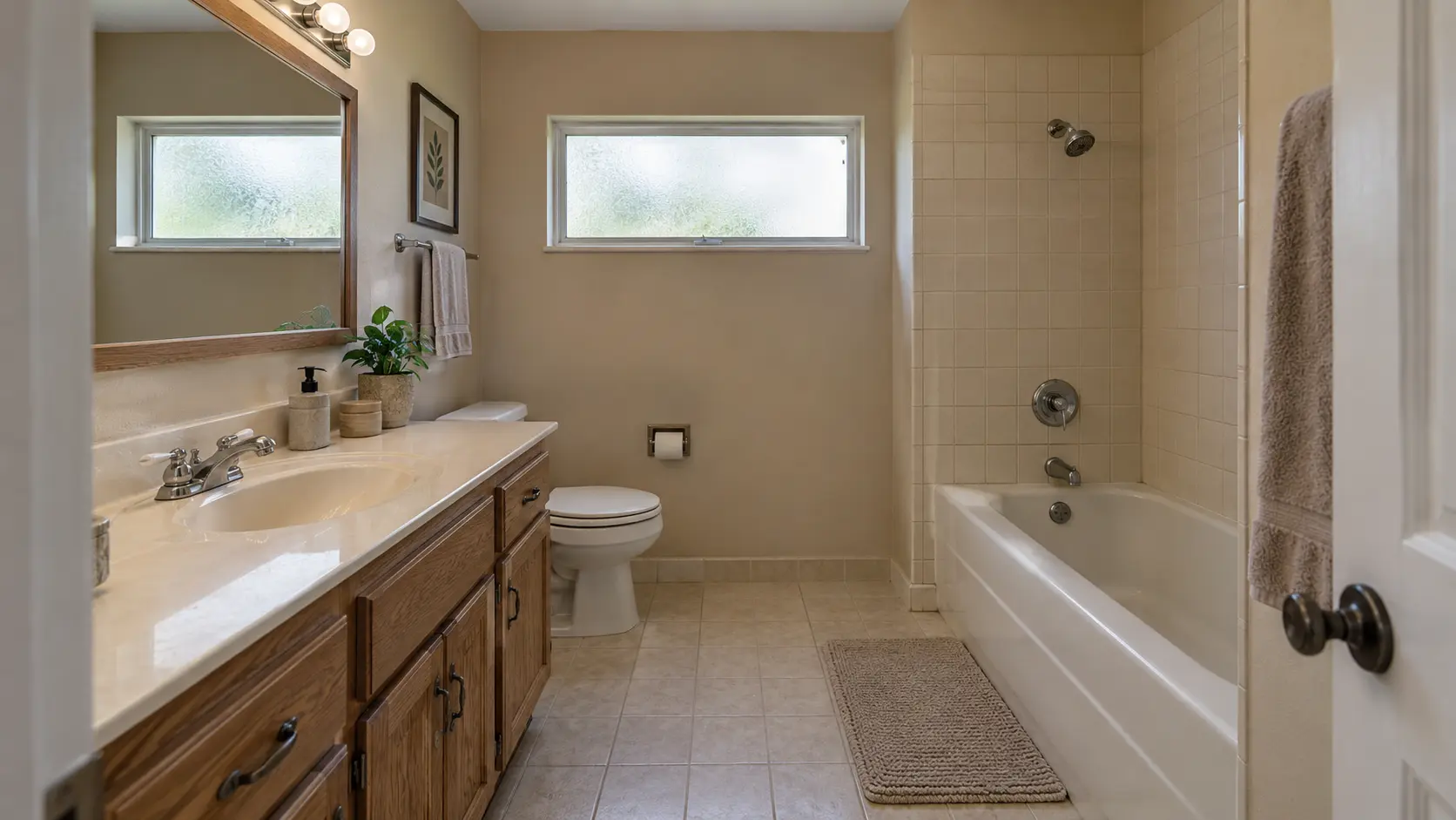 Baño antes de remodelar, con bañera y mueble de roble.