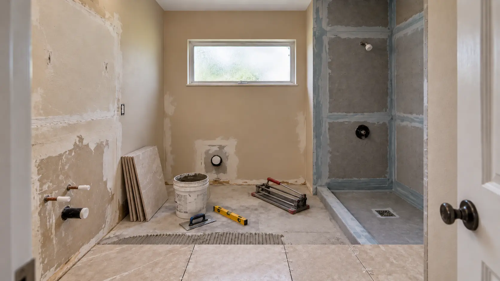 El mismo baño durante la renovación de ducha, piso y mueble.