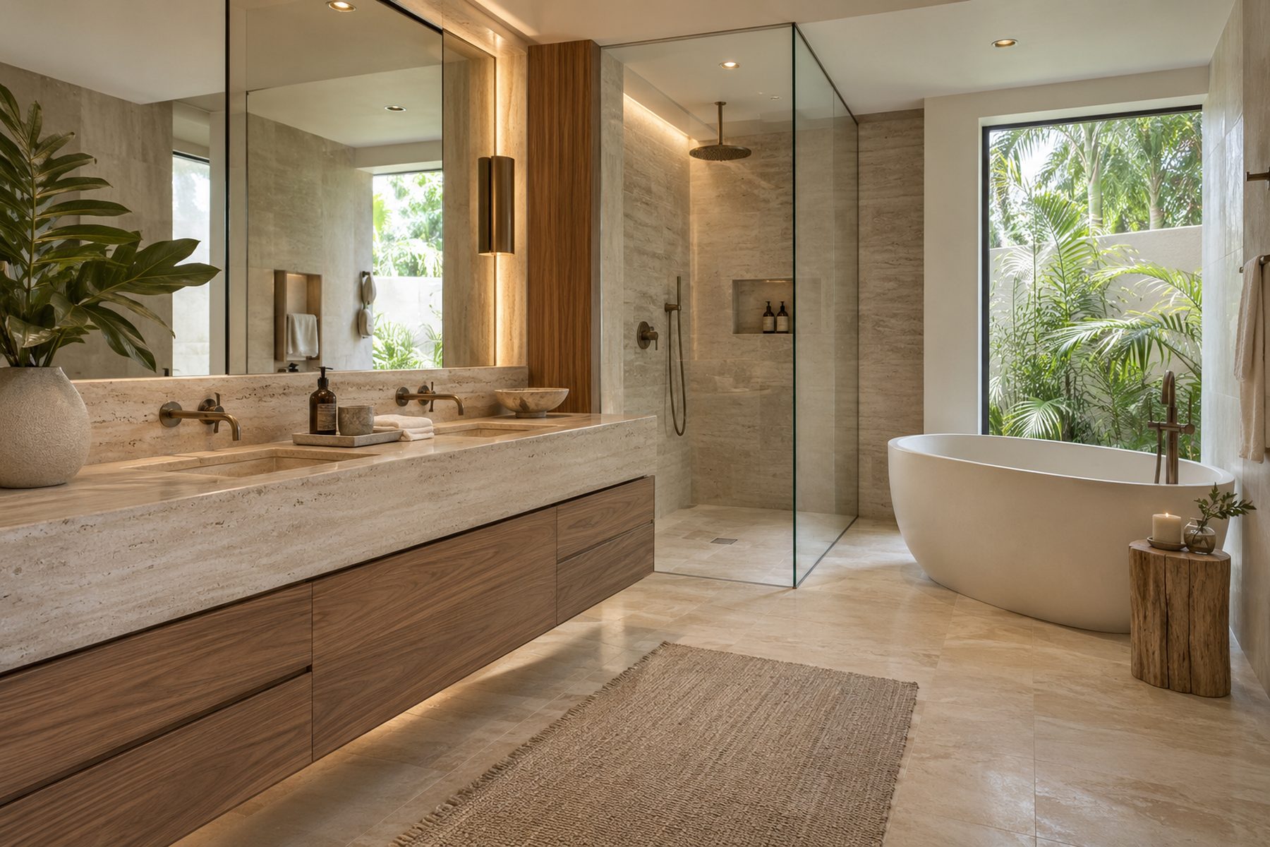 Baño principal con travertino, ducha de vidrio y bañera exenta