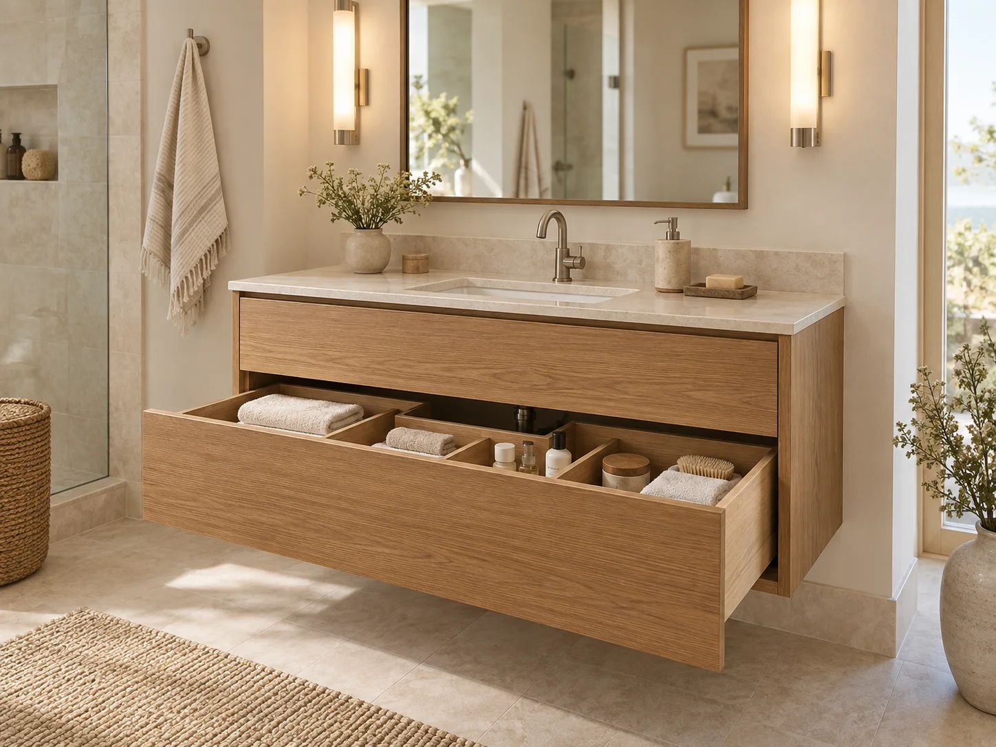 Propuesta de mueble con cajón abierto y divisiones para toallas y productos, espejo y luces laterales.