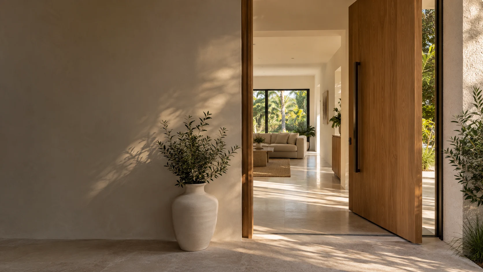 Entrada de una vivienda con puerta de roble abierta hacia una sala luminosa.