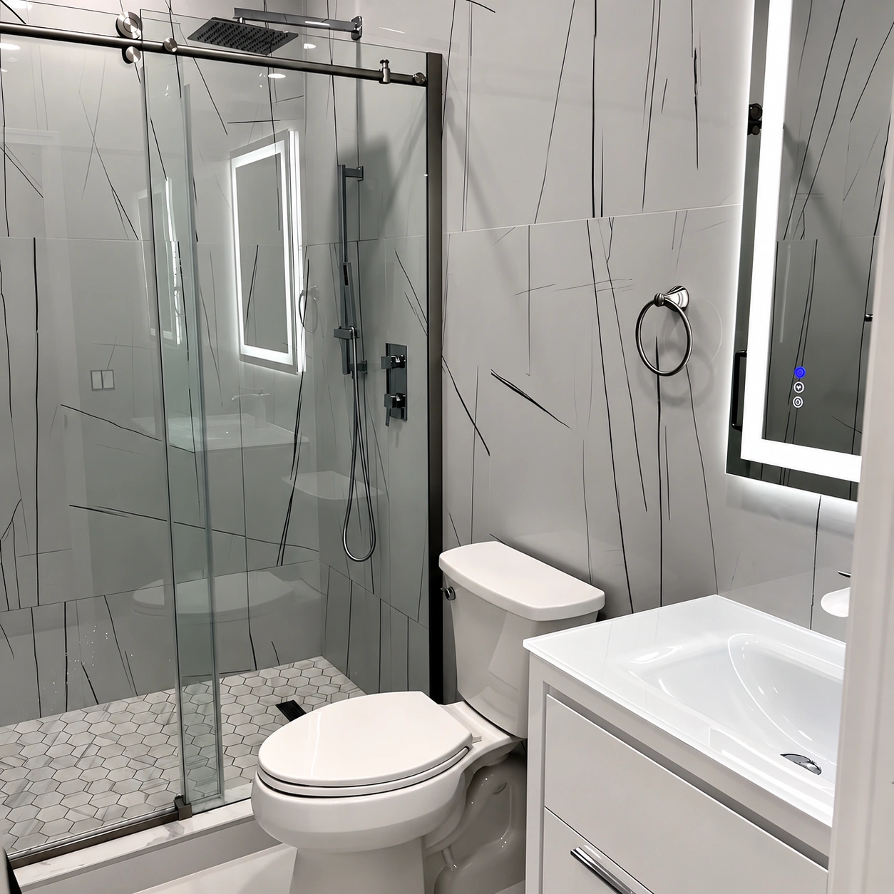 Baño con porcelanato mármol blanco de vetas negras, mampara corredera, ducha de lluvia y espejo LED