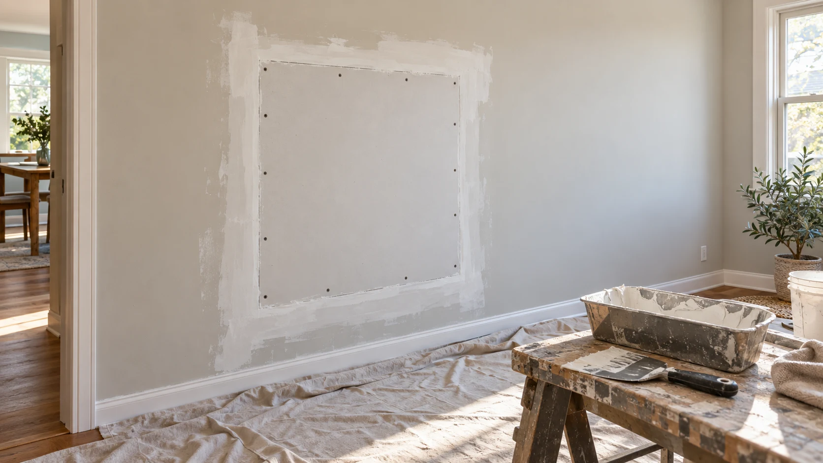 Panel de drywall reparado con sus juntas preparadas.