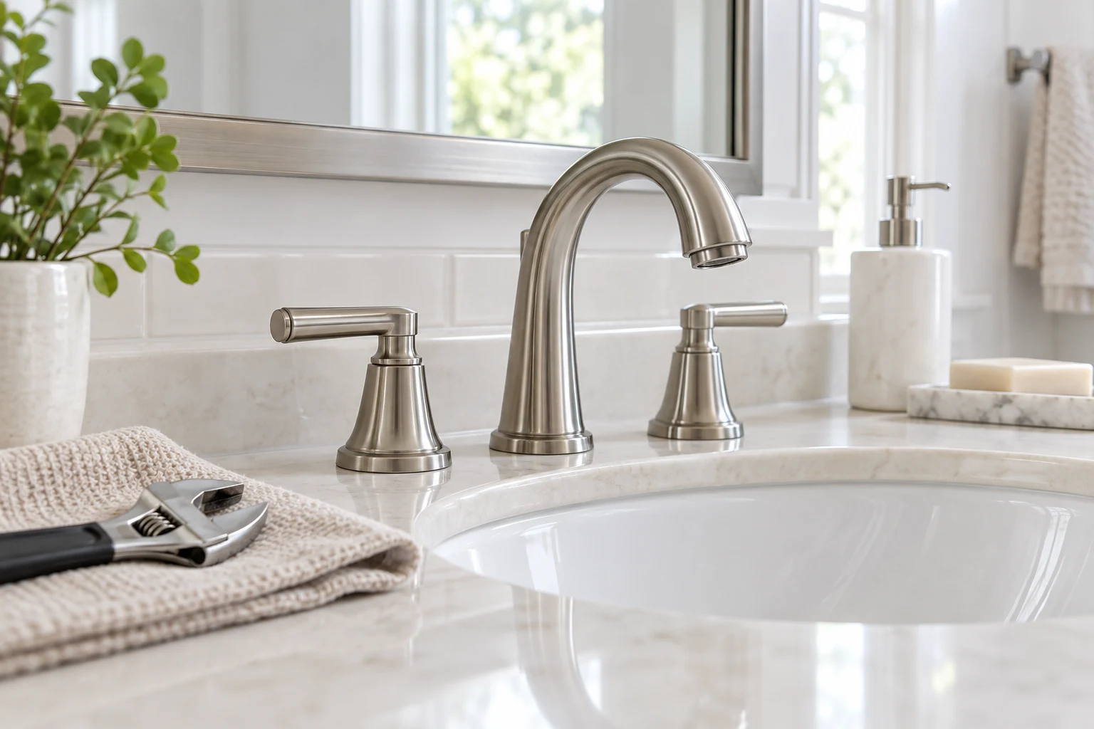 Grifería de lavabo y herramientas de mantenimiento.