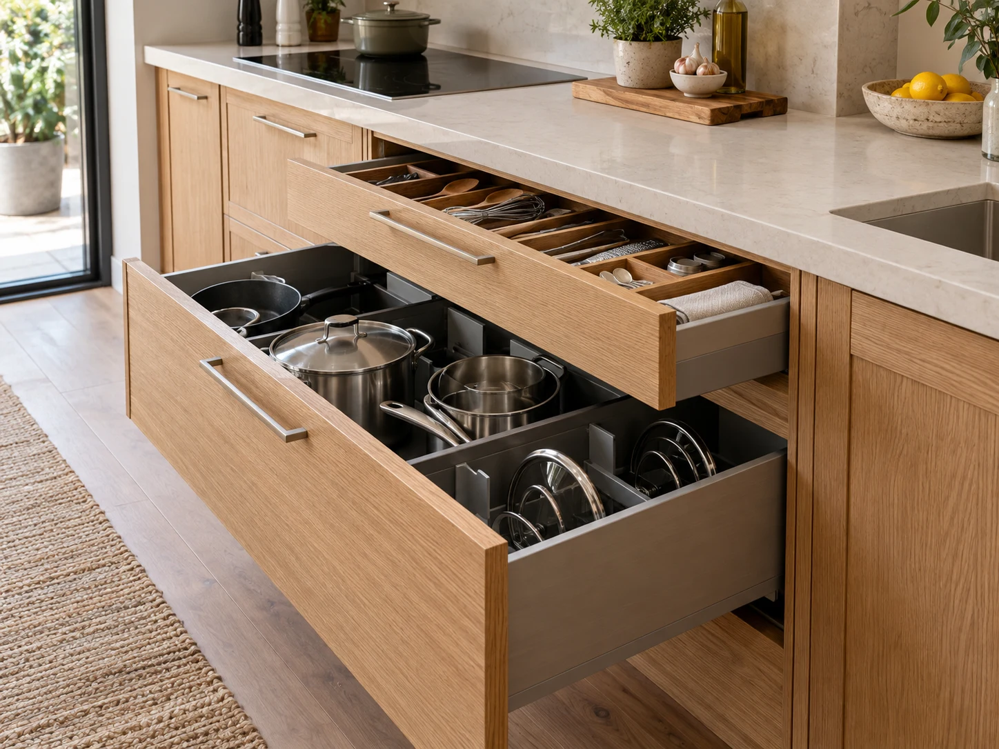 Cajones de cocina con divisiones para ollas y utensilios.
