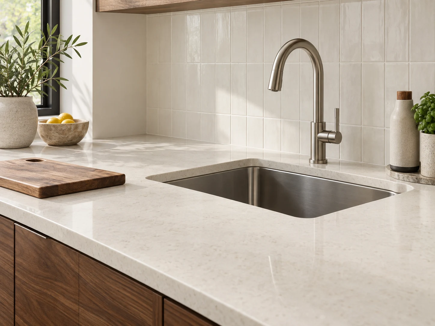 Encimera, fregadero y backsplash coordinados.