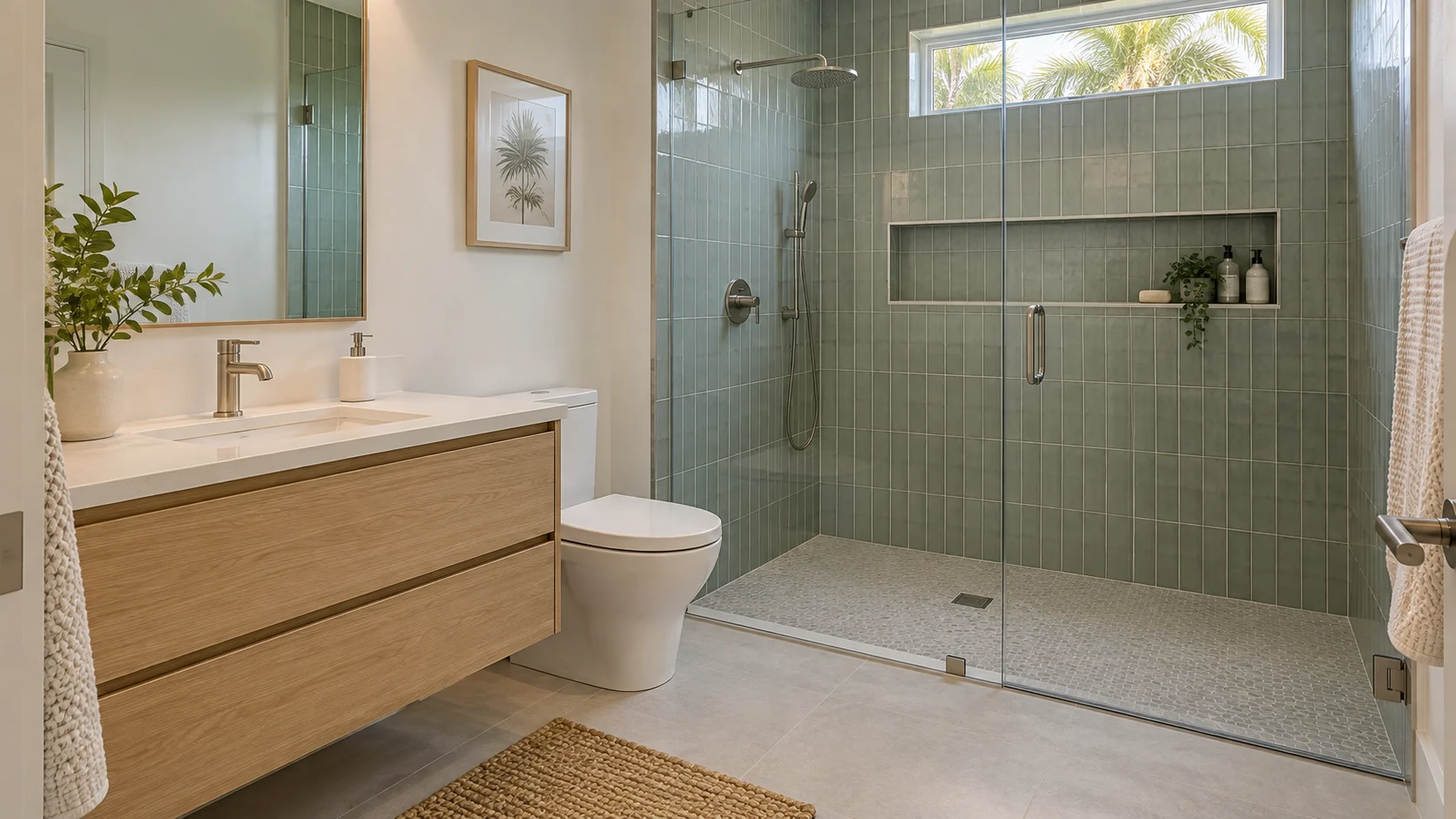 Baño con ducha de vidrio, azulejo verde y mueble suspendido de roble.